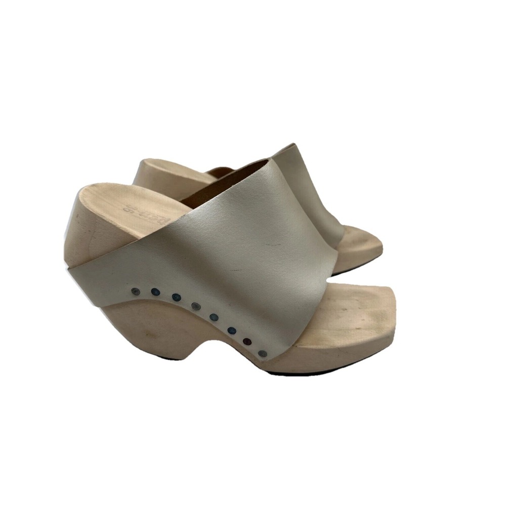 Trippen 36 Pearl Beige Leather Germany Wood Clogs Artsy Slides Sandals
